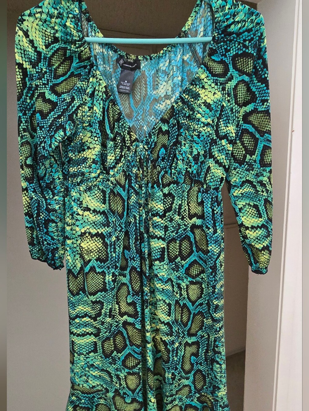 INC International Concepts Green Teal Snake-Print Long Sleeve Dress
